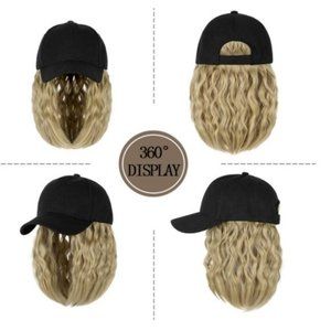 Baseball Cap Hat Wig Short Wavy Bob Ash Blonde